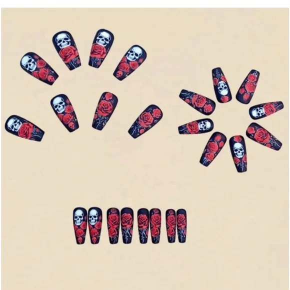 24pcs Long Square Acrylic Skull & Rose Pattern Fake Nails - Picture 2 of 6